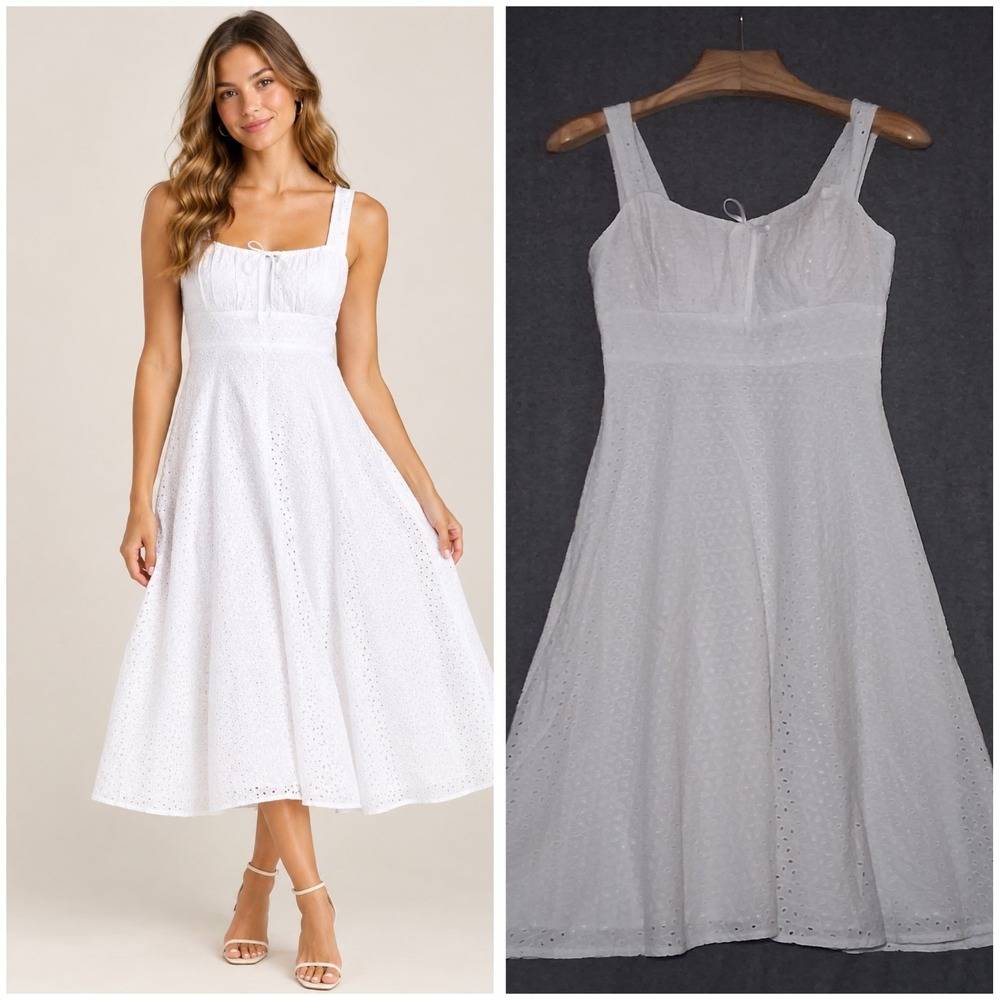 K White Eyelet Embroidered Fit & Flare Dress Size 6 Sleeveless Ruched bodice